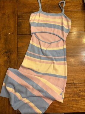 MARBLE Pastel Striped Midi Dress with Front Cutout in Pink, Blue & Cream